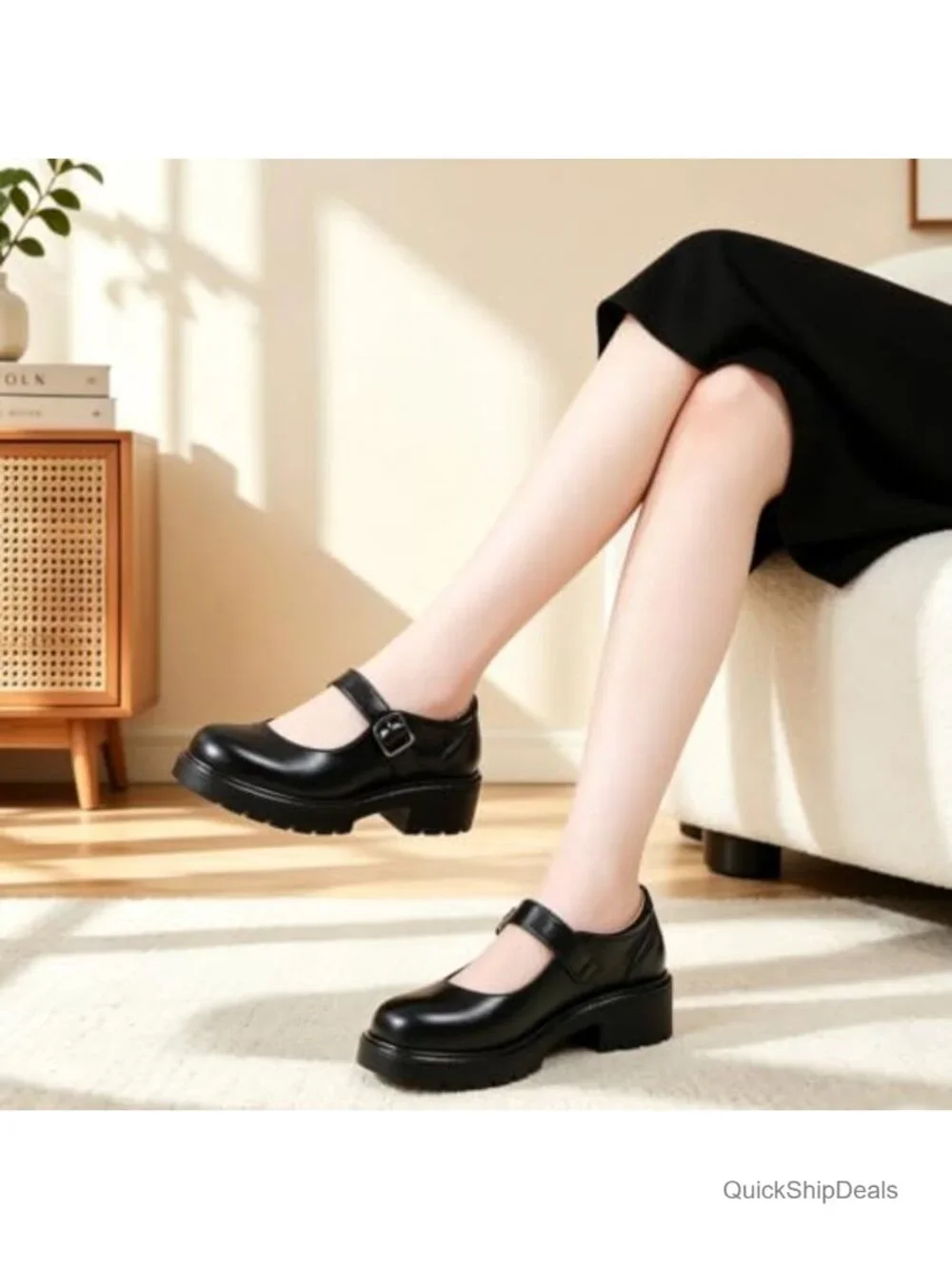 Mary Jane Platform Shoes, Chunky Heel, Leather, Round Toe, Buckle, Memory Foam